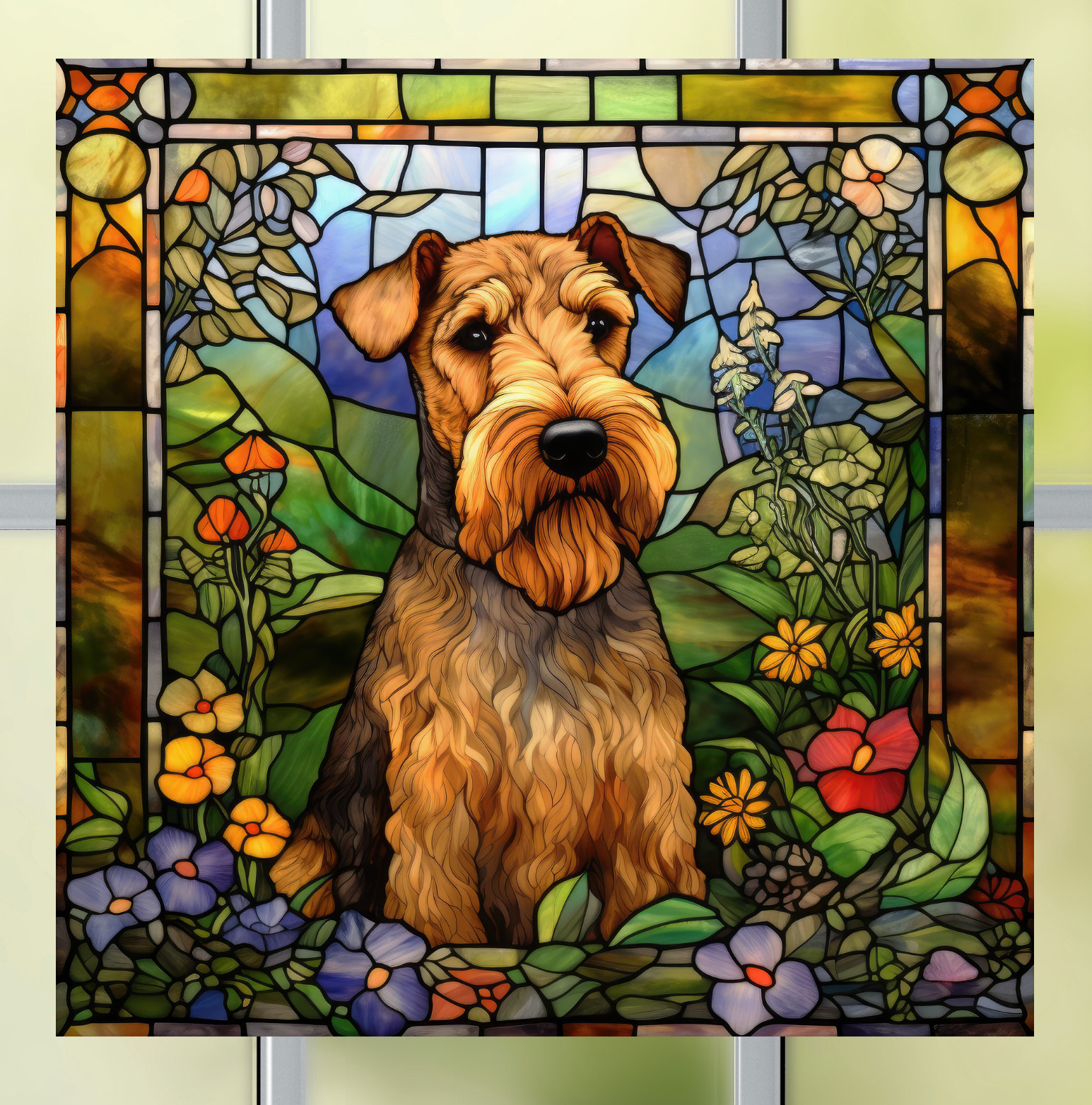 Airedale Terrier Dog Faux Stained-Glass WINDOW CLING Size 8" Square Vinyl