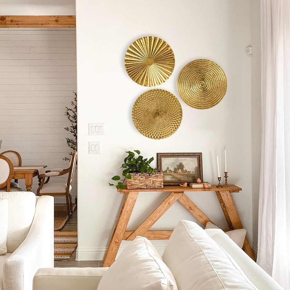 Contemporary 12" Gold Round Hanging Sculptures – 3 Count for Luxe Interiors