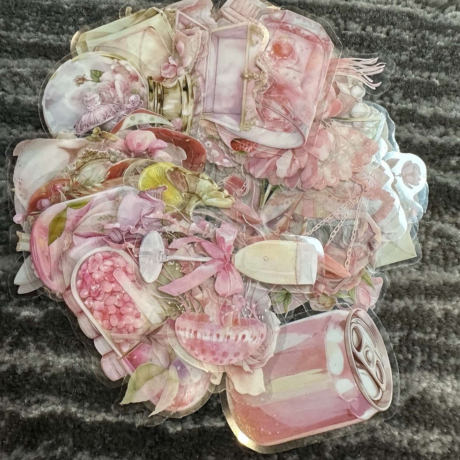 Stickers 50 Pink Transparent Antique Style Junk Journal Scrapbook Decals New