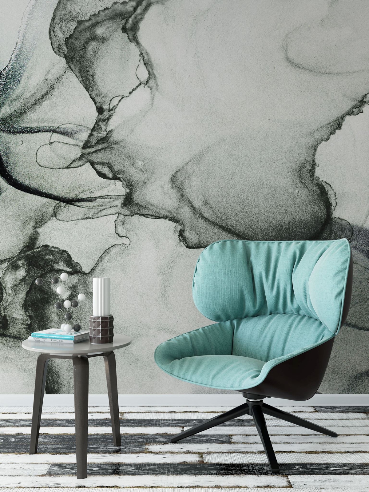 Abstract Black and White Fluid Alcohol Ink Painting Wall Mural. Peel and Stick W
