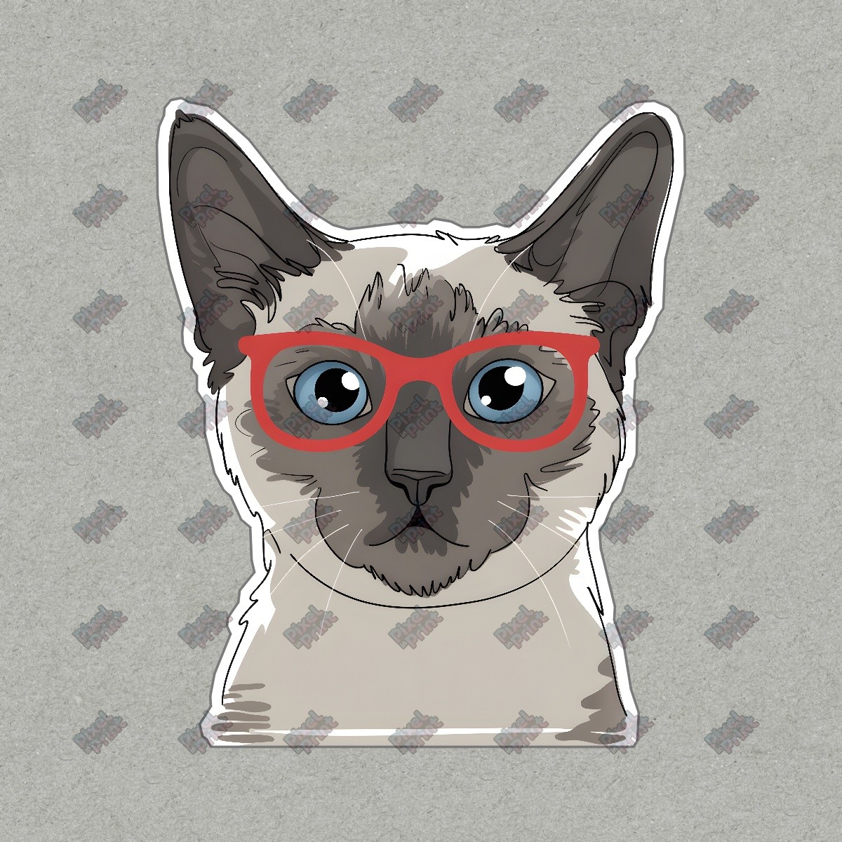 Quirky Siamese Cat Art Print with Red Glasses Cute Animal Decor for #8663
