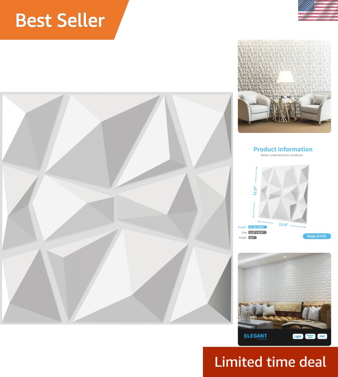 Modern Matt White 3D Wall Panels – Diamond Design for Stunning Interiors, 33 Pcs