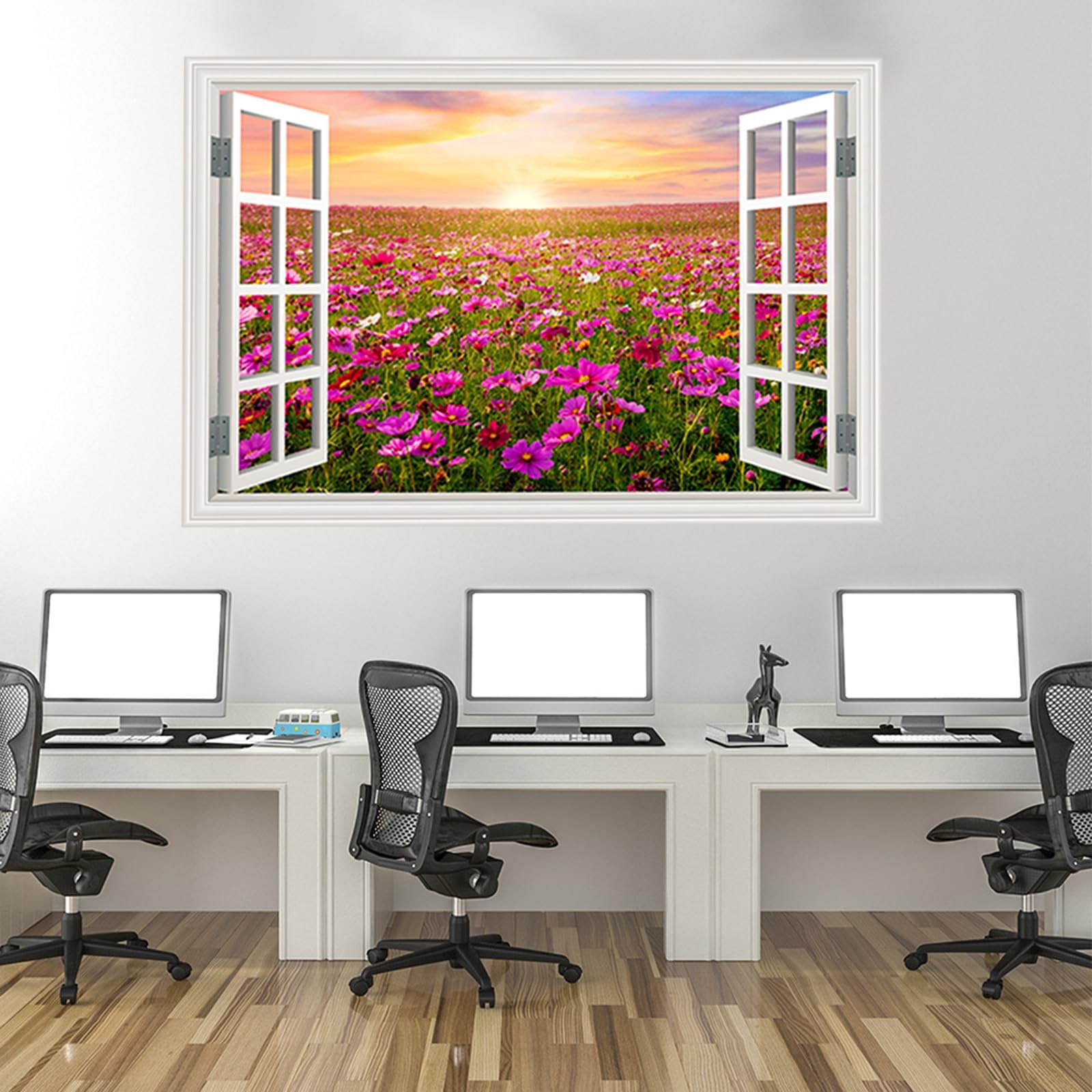Fake Window Wall Sticker Sunset Pink Flower Garden Poster Picture Open Office…