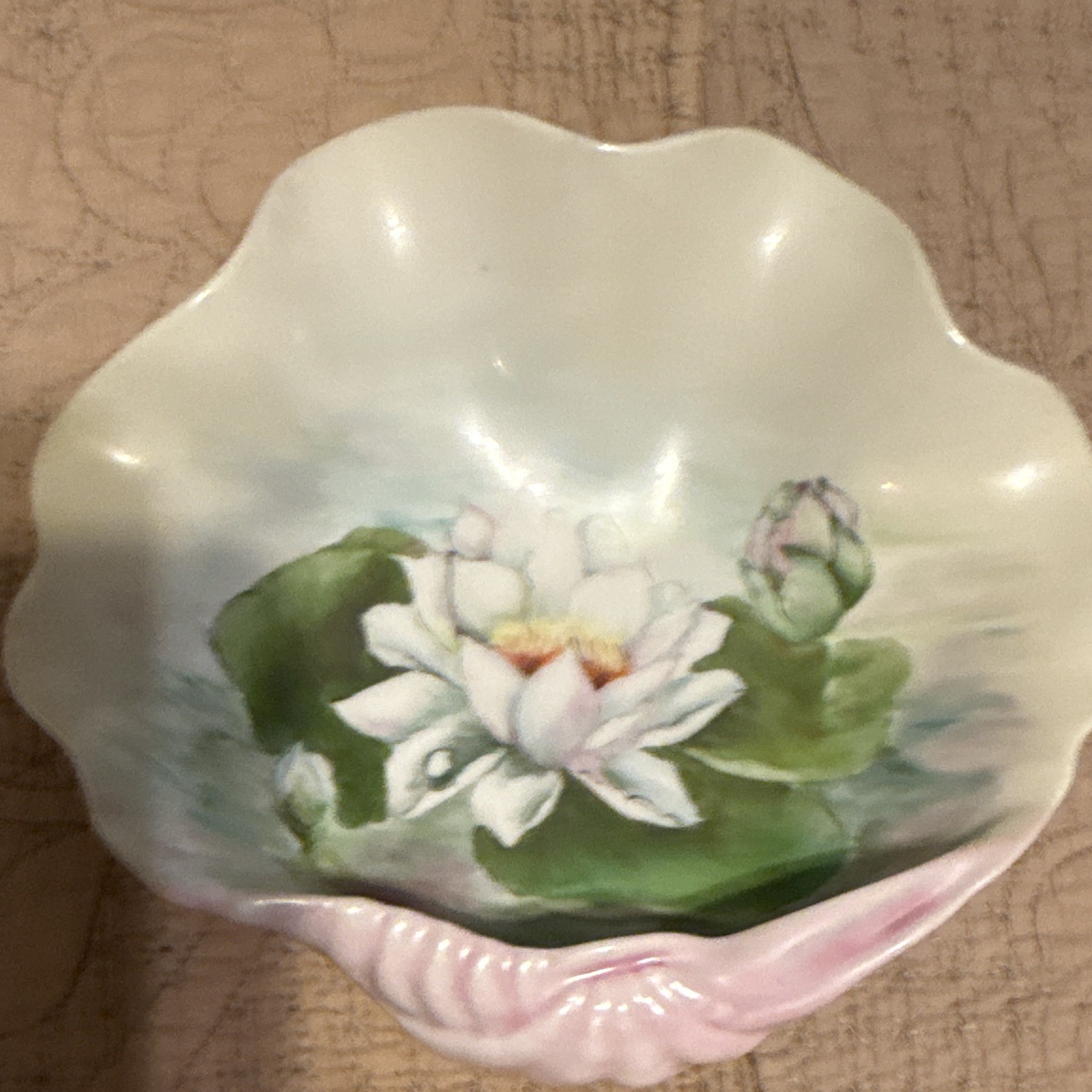 Vintage Signed Hand Painted Shell Floral Waterlily Porcelain Plates