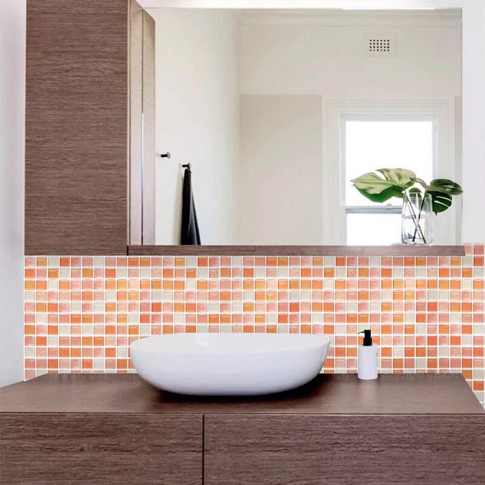 3D Mosaic Tile Sticker Removable Wallpaper Tile Orange, 3D Adhesive Wall Tile…