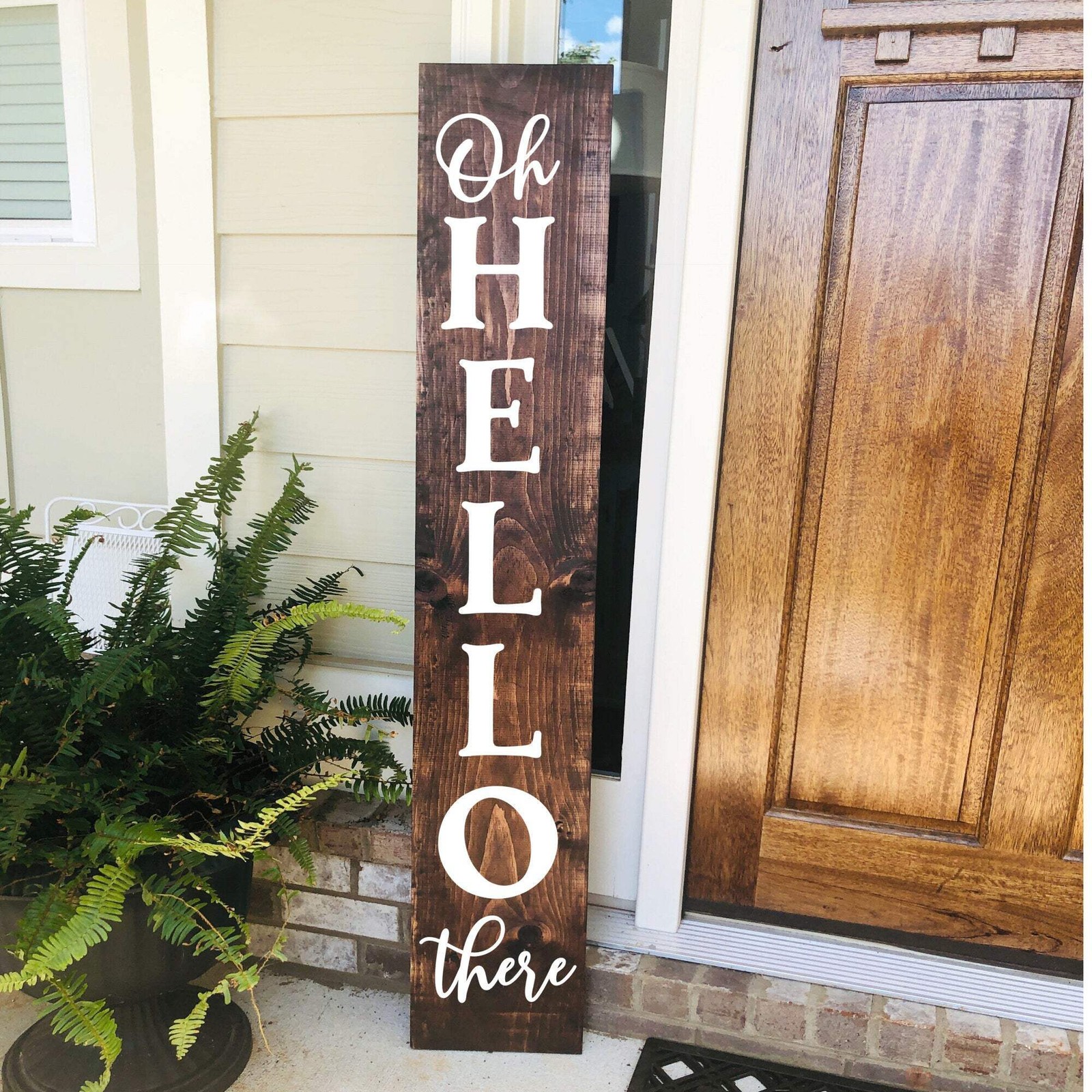 "Oh Hello There" Vertical Welcome Decal – Front Porch Sign Vinyl for Farmhouse &
