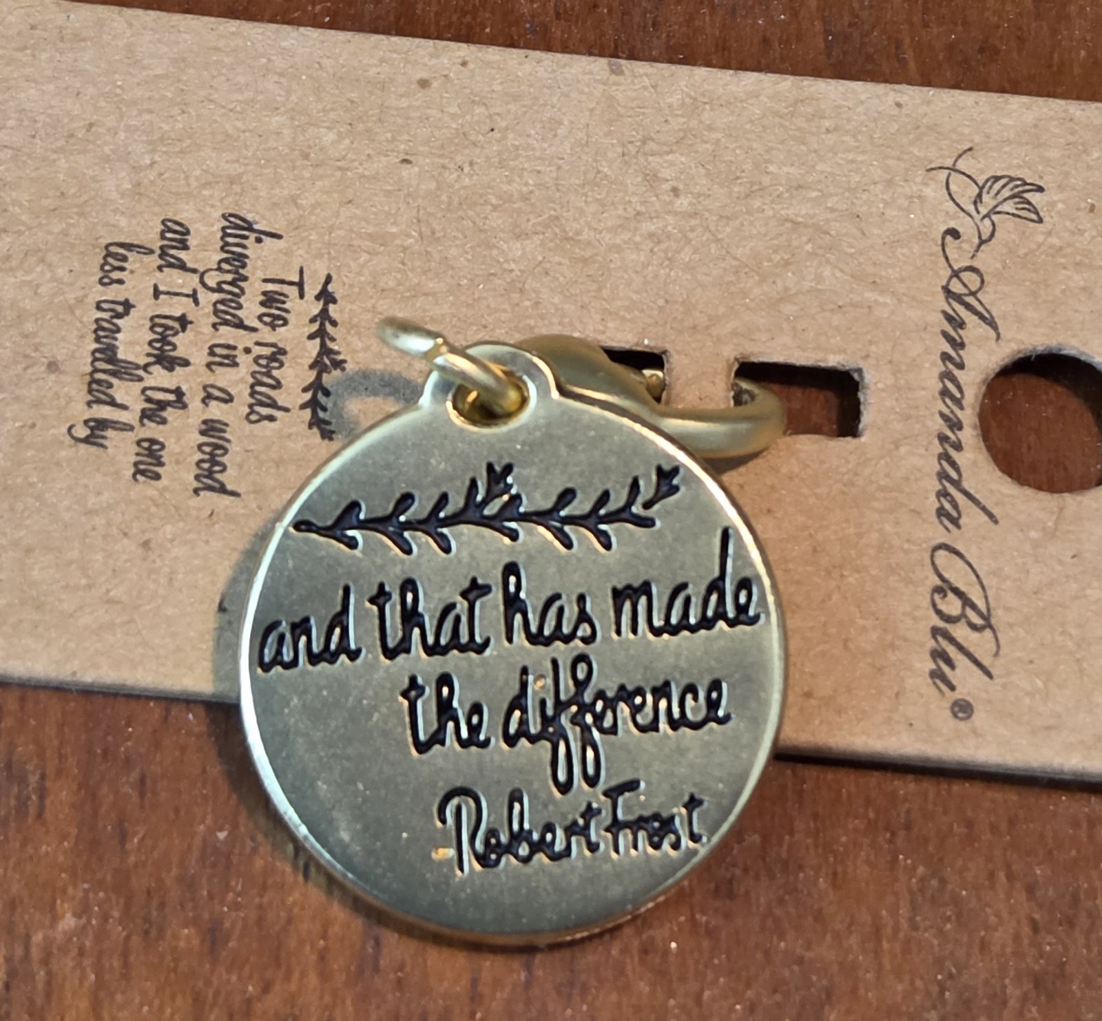NEW Amanda Blu Charm ROBERT FROST Quote …THE ROAD LESS TRAVELLED Gold Tone