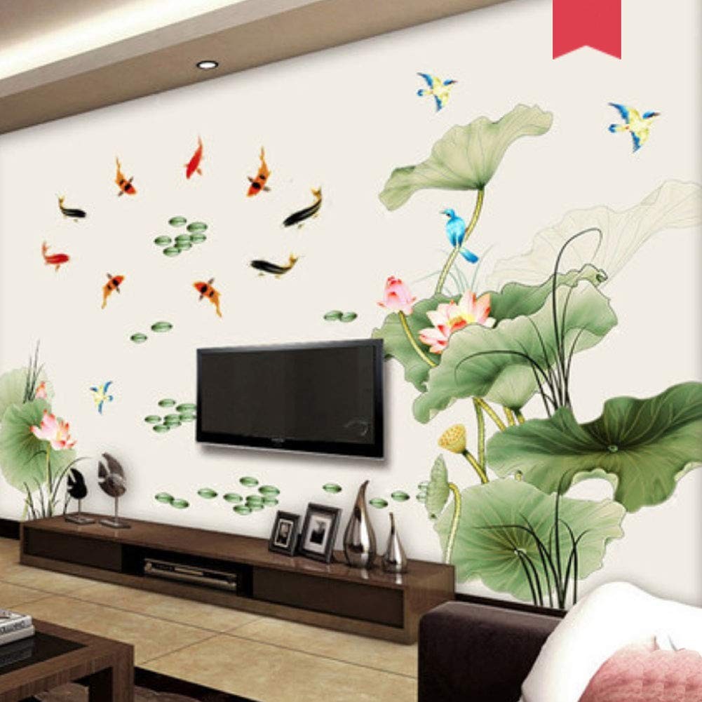 Lotus Flower Bird Fish Wall Decor Decal Sticker,Living Room PVC Mural Decorat…