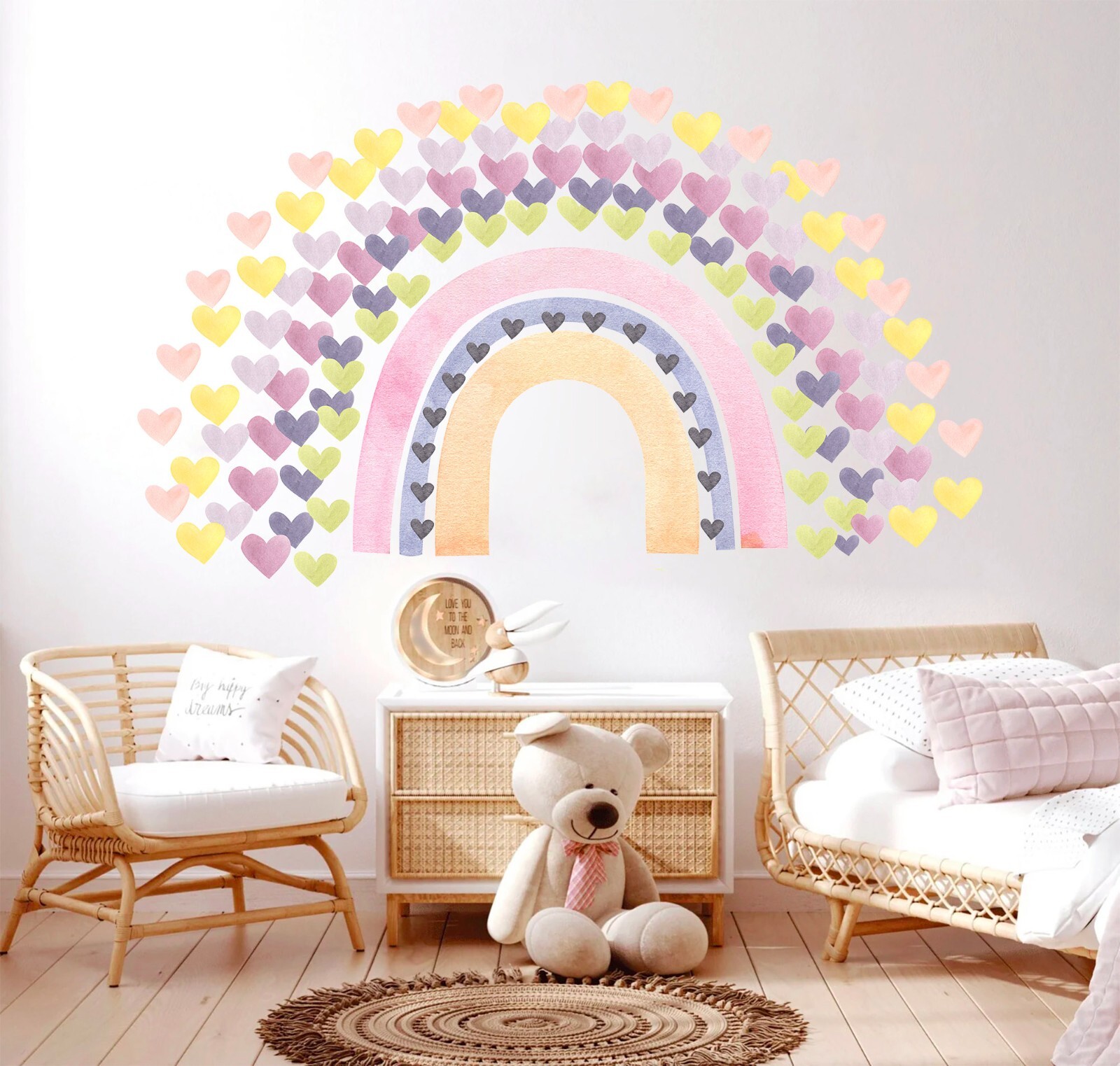 Watercolor Rainbow Love Heart Removable Wall Fabric Girl Room Decal Set Sticker