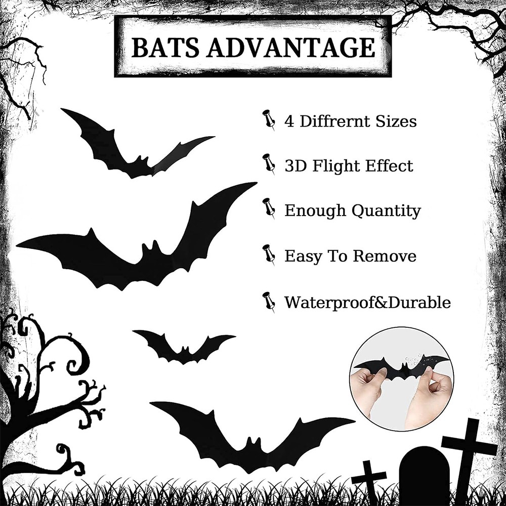 60PCS 3D Bats Scary Stickers Halloween Decoration Realistic PVC Home Party Decor