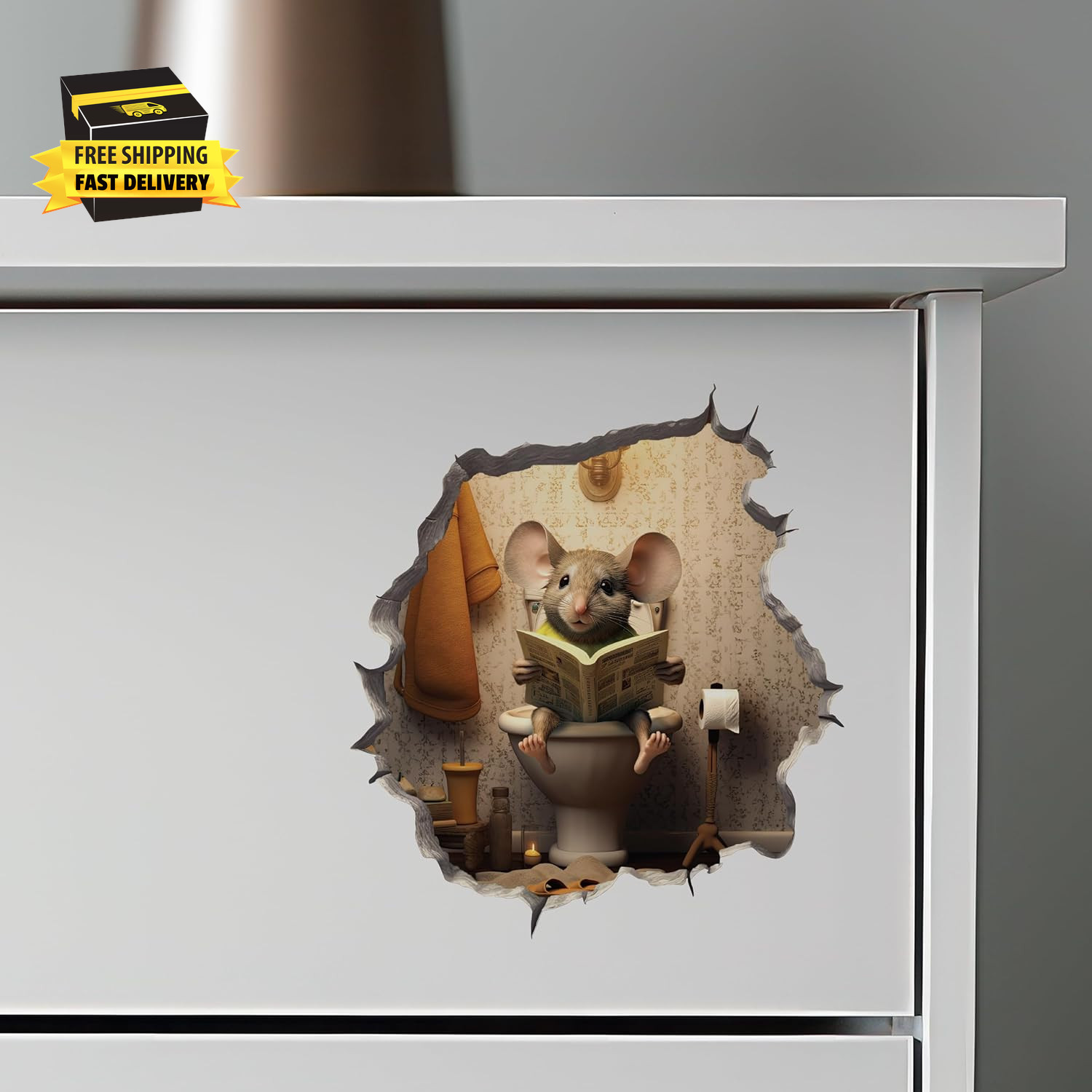 Mouse Sitting on Toilet in Mouse Hole Decal – Mouse Hole Sticker with 3D Effect