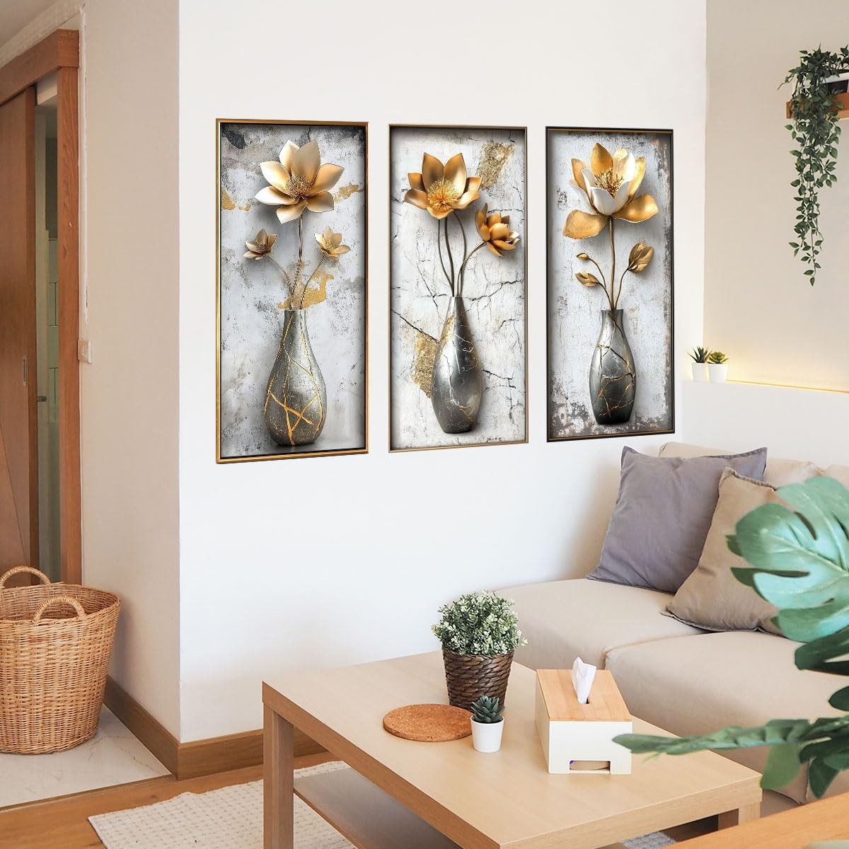 3D Flower Wall Art Stickers Gold Floral Vase Wall Decals Peel and Stick Livin…