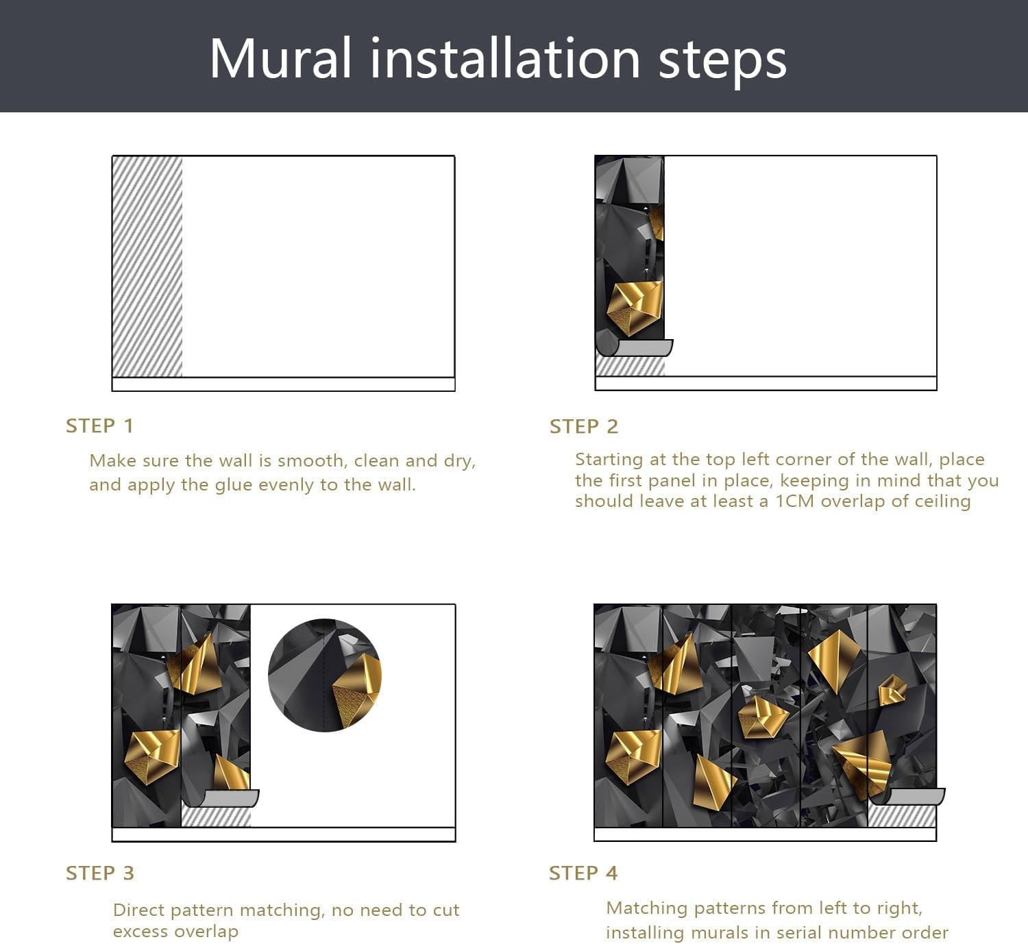 3D Black Grey Gold Geometric Wallpaper Mural 135×96 Modern Fabric Wall Art