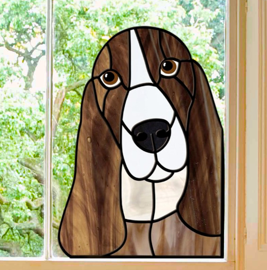 Peeking Basset Hound Dog Faux Stained-Glass WINDOW CLING Size 9.8" Vinyl