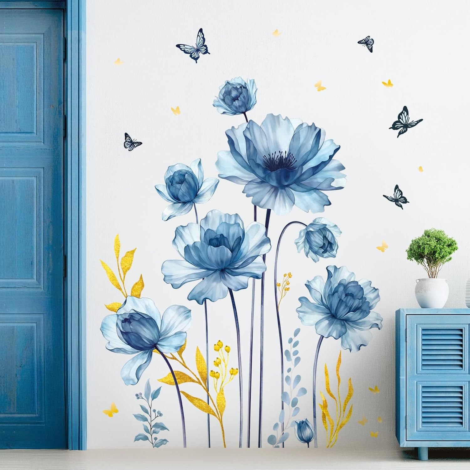 Blue Floral Gold Leaf Wall Decals Stickers for Living Room Bedroom Home Decor