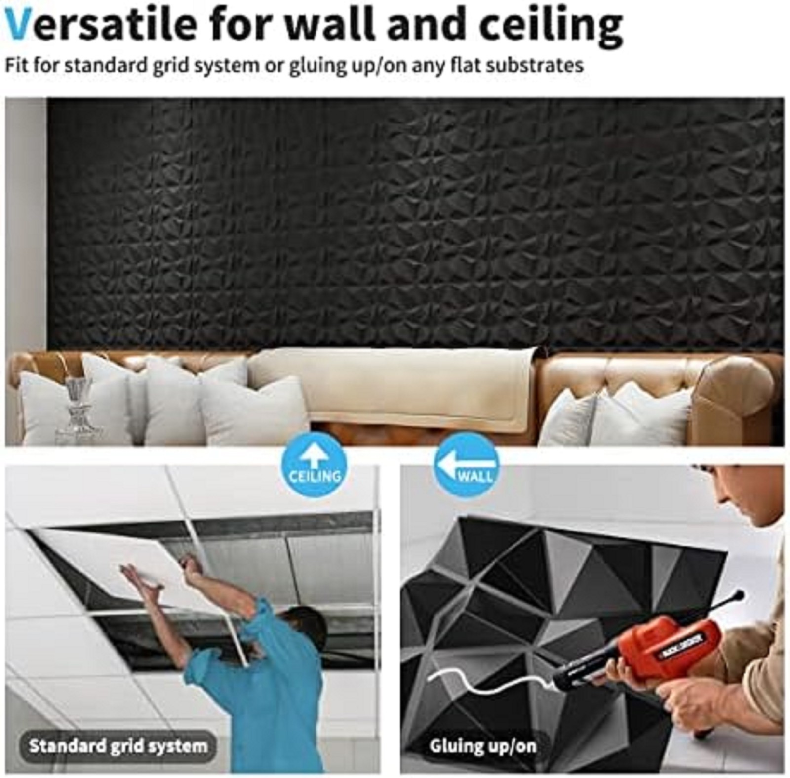 Decorative 3D Wall Panels in Diamond Design, 12"X12" Matt Black for Home and Off