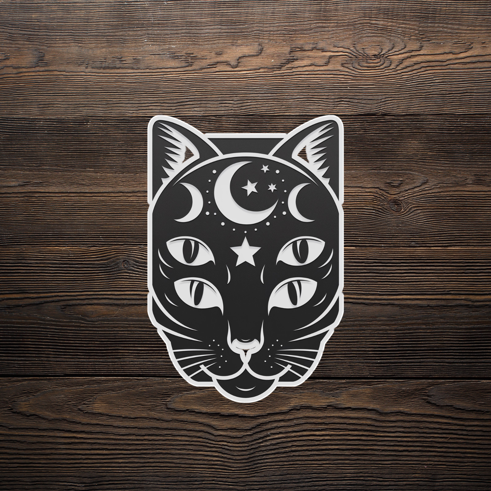 Celestial Cat Sticker – Black and White Mystic Feline Face Decal #2168