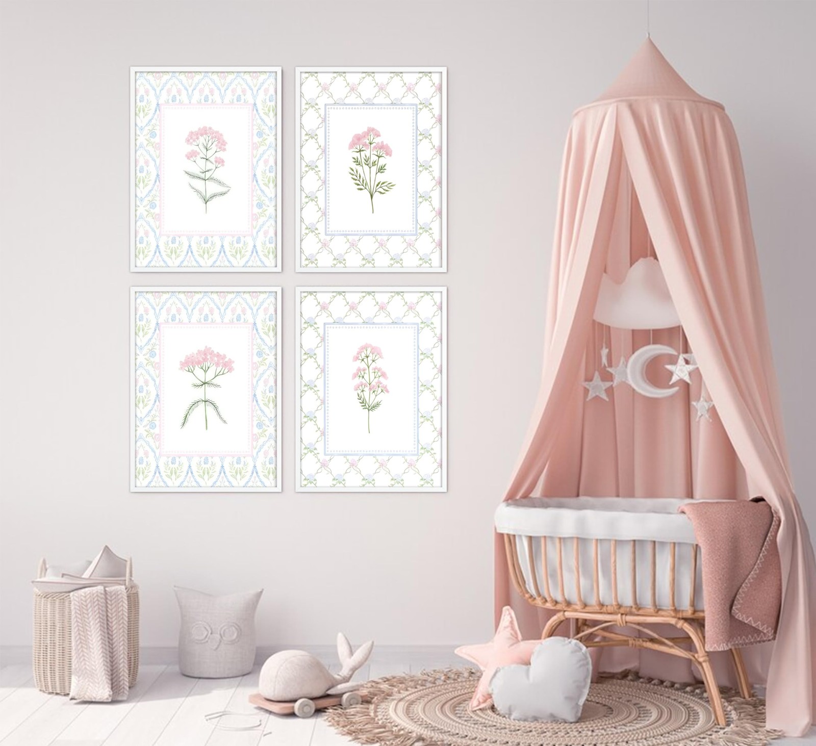 Pink Blue Floral Nursery Wall Art Watercolor Wildflower Pictures Wall Decor S…