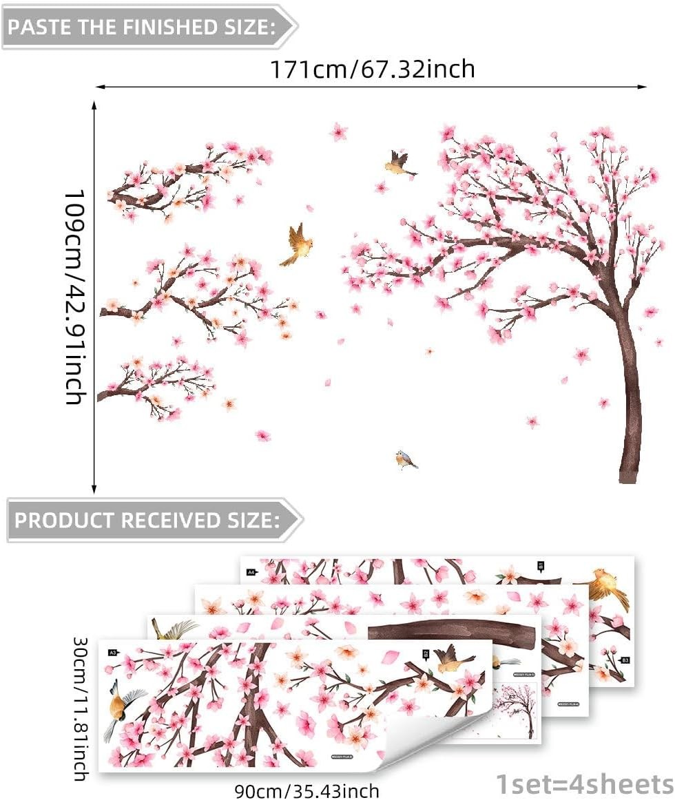 Pink Cherry Blossom Floral Birds Wall Decals Large Colorful