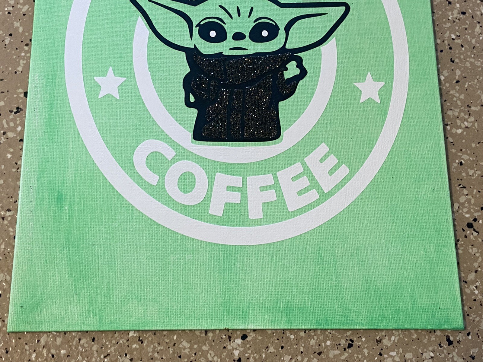Handcrafted Star Wars Baby Yoda Coffee Vinyl On Canvas 9×12 Signed Artwork A