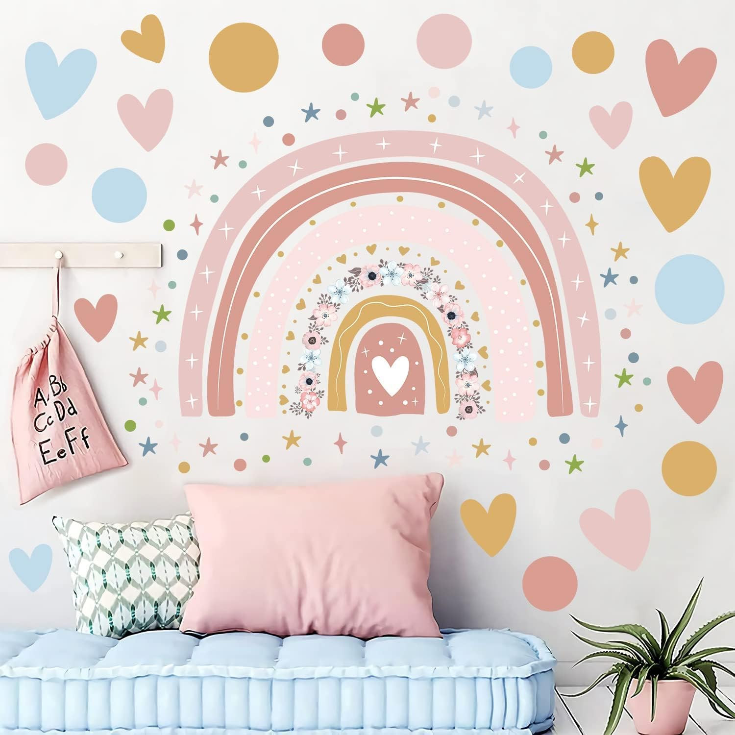 Rainbow Flower Wall Stickers – Colorful Dots, Hearts, Stars, Nursery Size