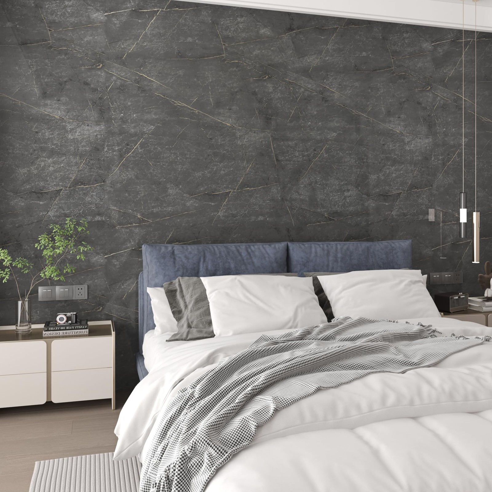 24"×197" Wide Thick Dark Grey Cyan Gold Pattern Marble Wallpaper Peel and Sti…