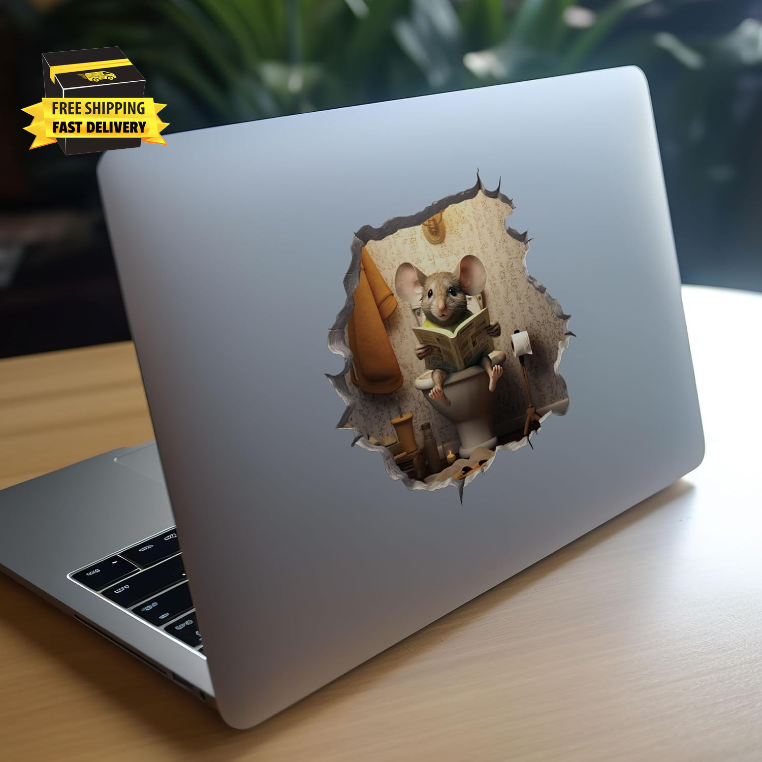 Mouse Sitting on Toilet in Mouse Hole Decal – Mouse Hole Sticker with 3D Effect