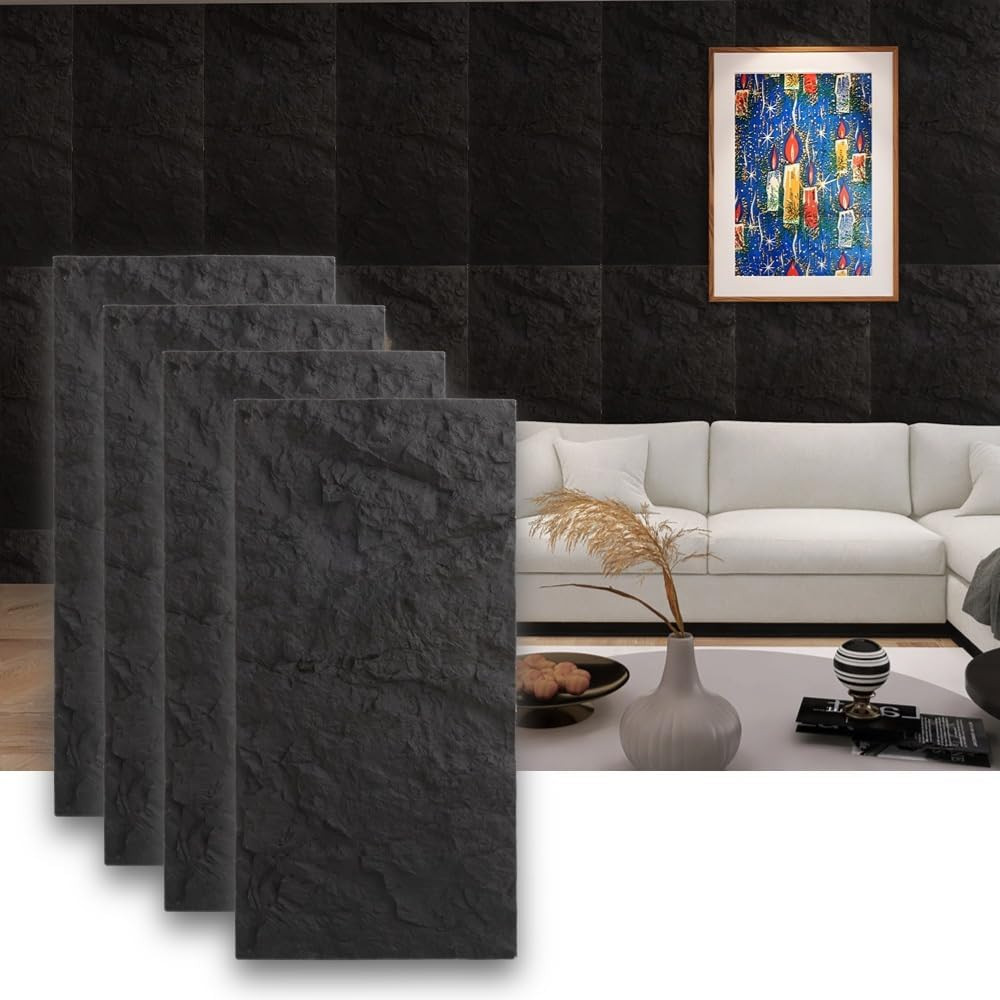 4-Pack 3D Faux Stone Wall Panels – Dark Black Waterproof Decor Tiles