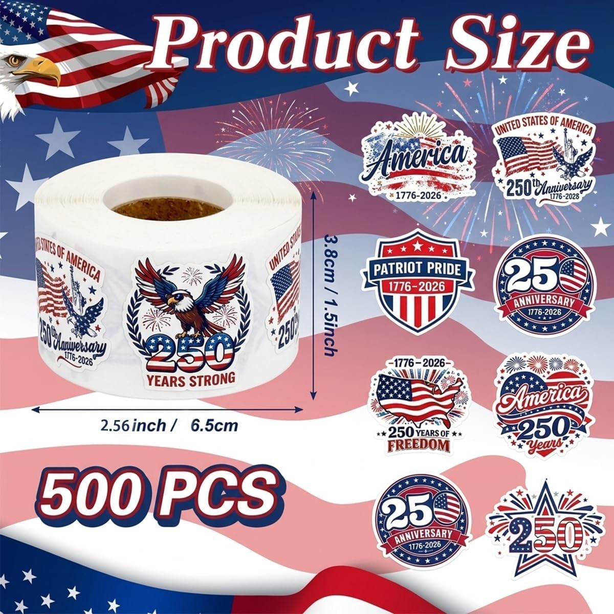 500PCS Patriotic USA Stickers Roll American Flag 250th Anniversary Decals 2026