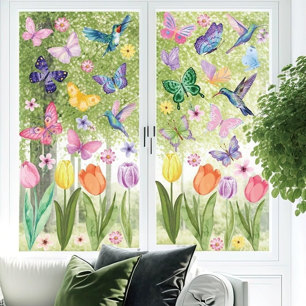 Spring Window Cling Sticker – 83PCS Tulip Butterfly Flower Hummingbirds Windo…