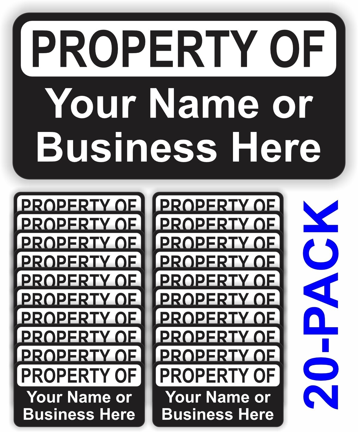 20 Custom Printed PROPERTY OF Black Vinyl 1.5×3-inch Stickers Decals Your Name