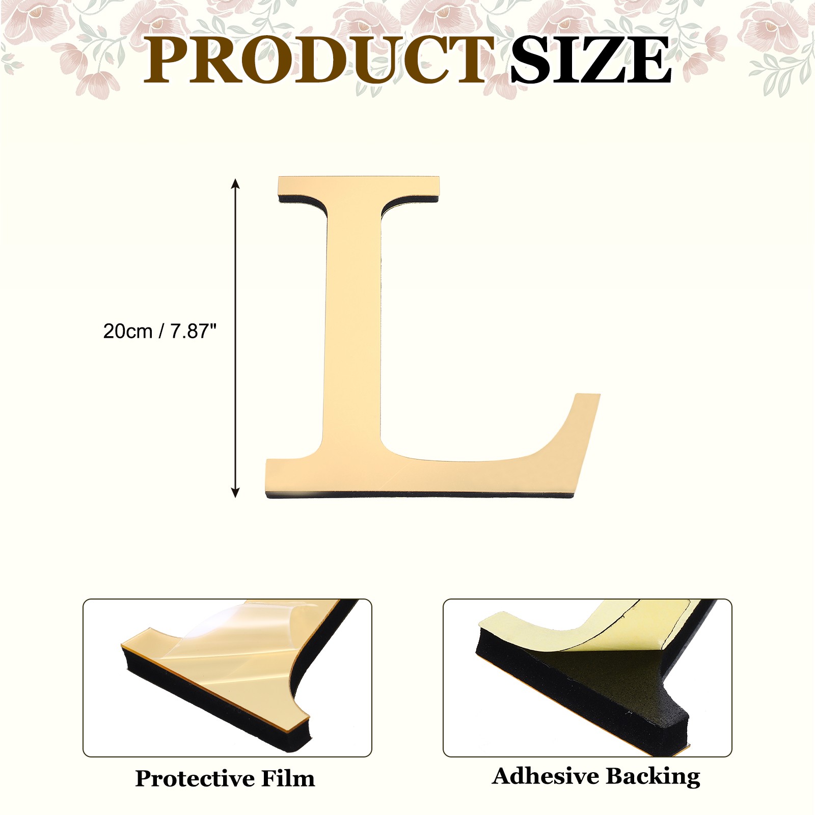 7.87" 3D Acrylic Alphabet Mirror Wall Sticker Letter L Light Gold