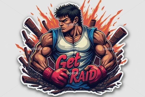 Get Raid Sticker – Powerful Boxer with Explosive Background and Bold Text – Zink
