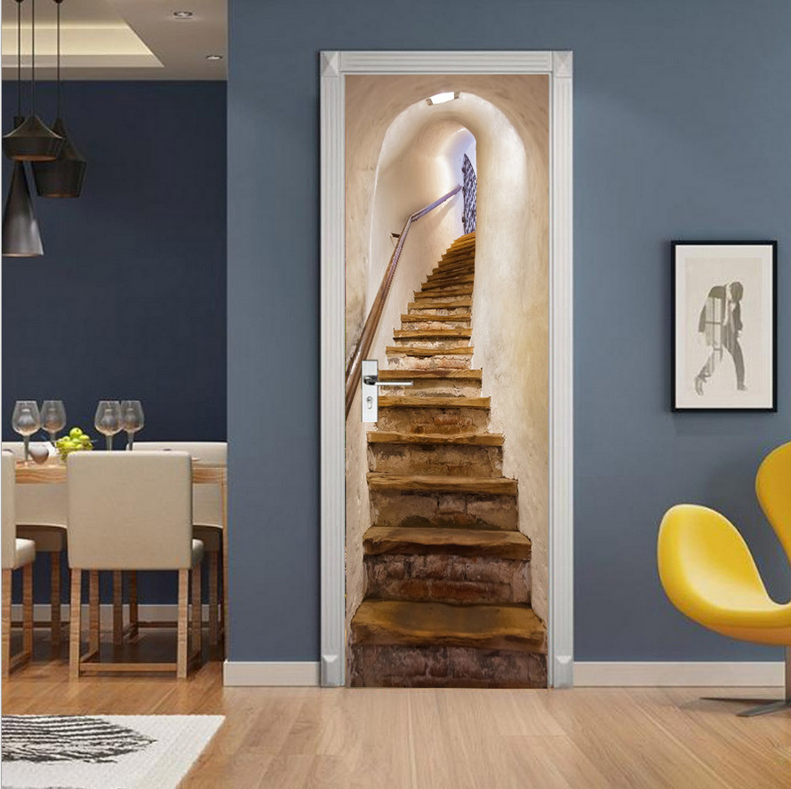 3D Wall Art Basement Retro Stair Door Sticker PVC Decal Self-adhesive Wrap Mural