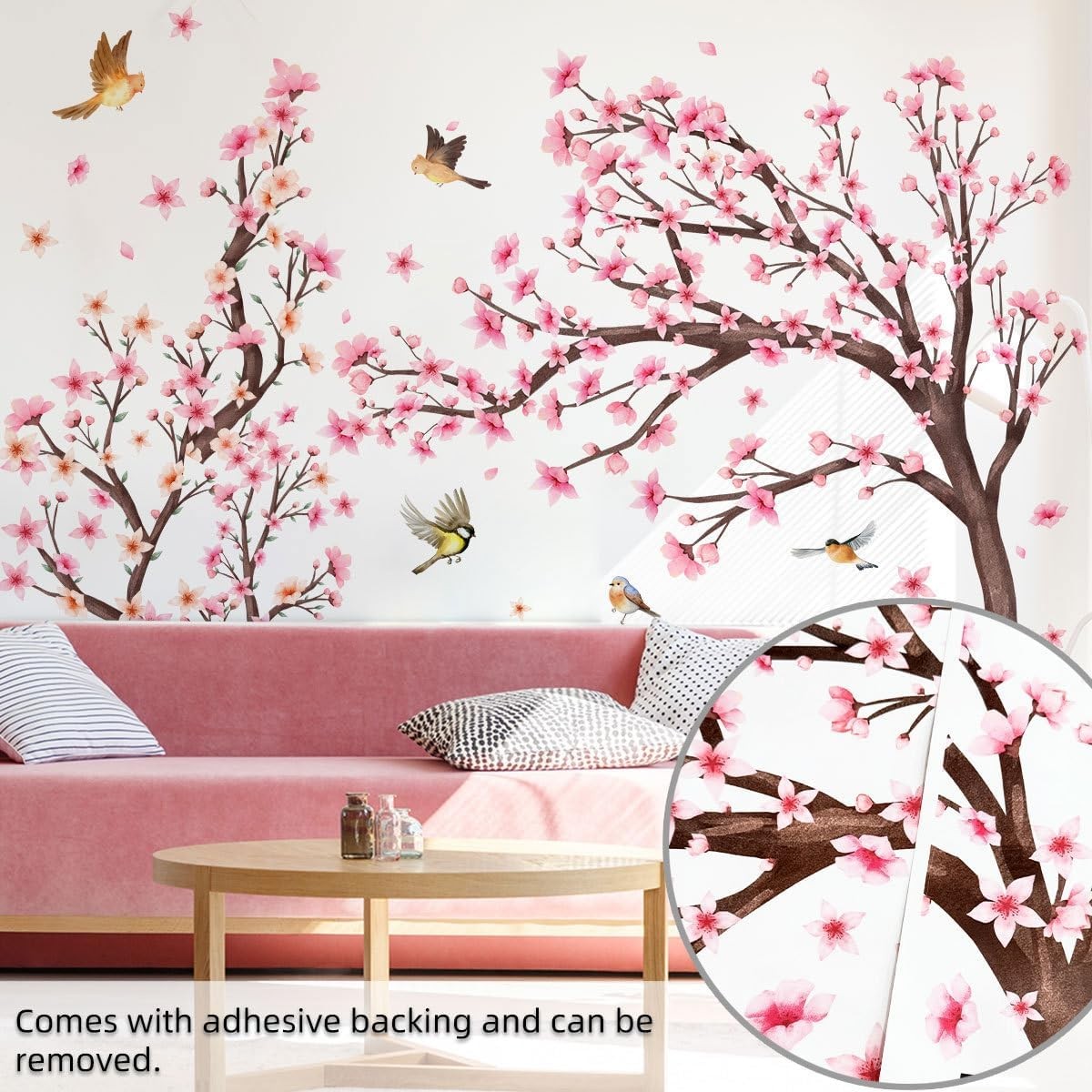 Pink Cherry Blossom Floral Birds Wall Decals Large Colorful