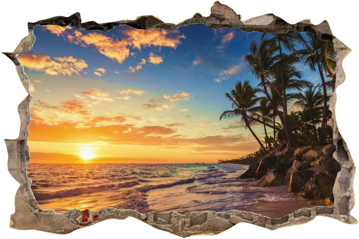 3D Sunset Beach Wall Decals, Peel and Stick Art Murals, Palm Tree Stickers