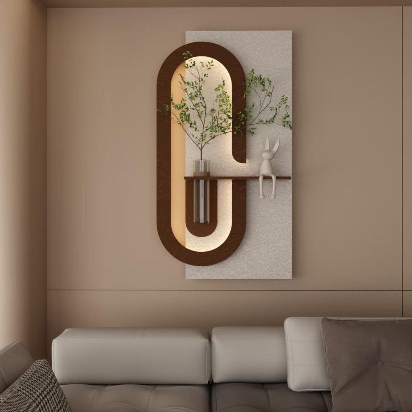 3-Color LED Sandstone Wall Art with Plants, Vase & Rabbit Statue, Remote Light