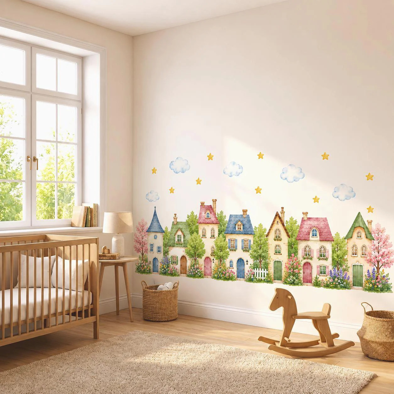 Watercolor Village Houses Wall Vinyl Decal | Cute Cottage Town Sticker