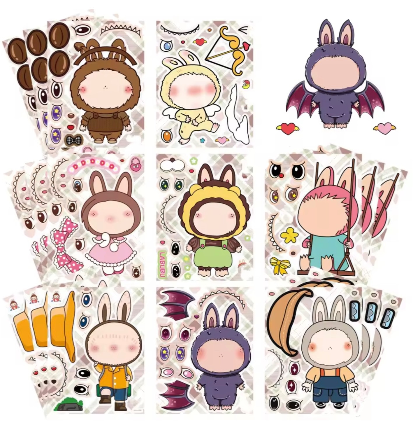 Labubu Monsters Inspired Fun Set of 8 Make a Face DIY Stickers Activity Sheets