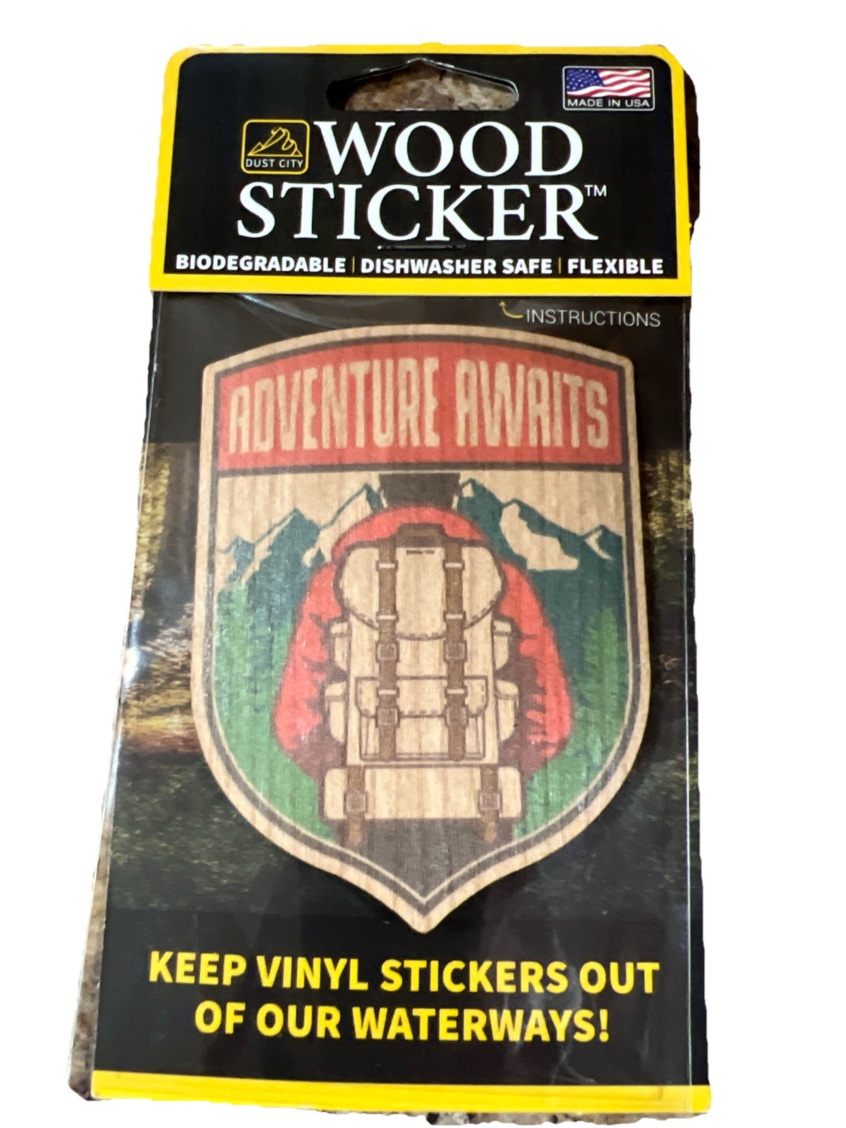 Adventure Awaits WOOD Sticker 3M Dishwasher SAFE Biodegradable Dust City NEW
