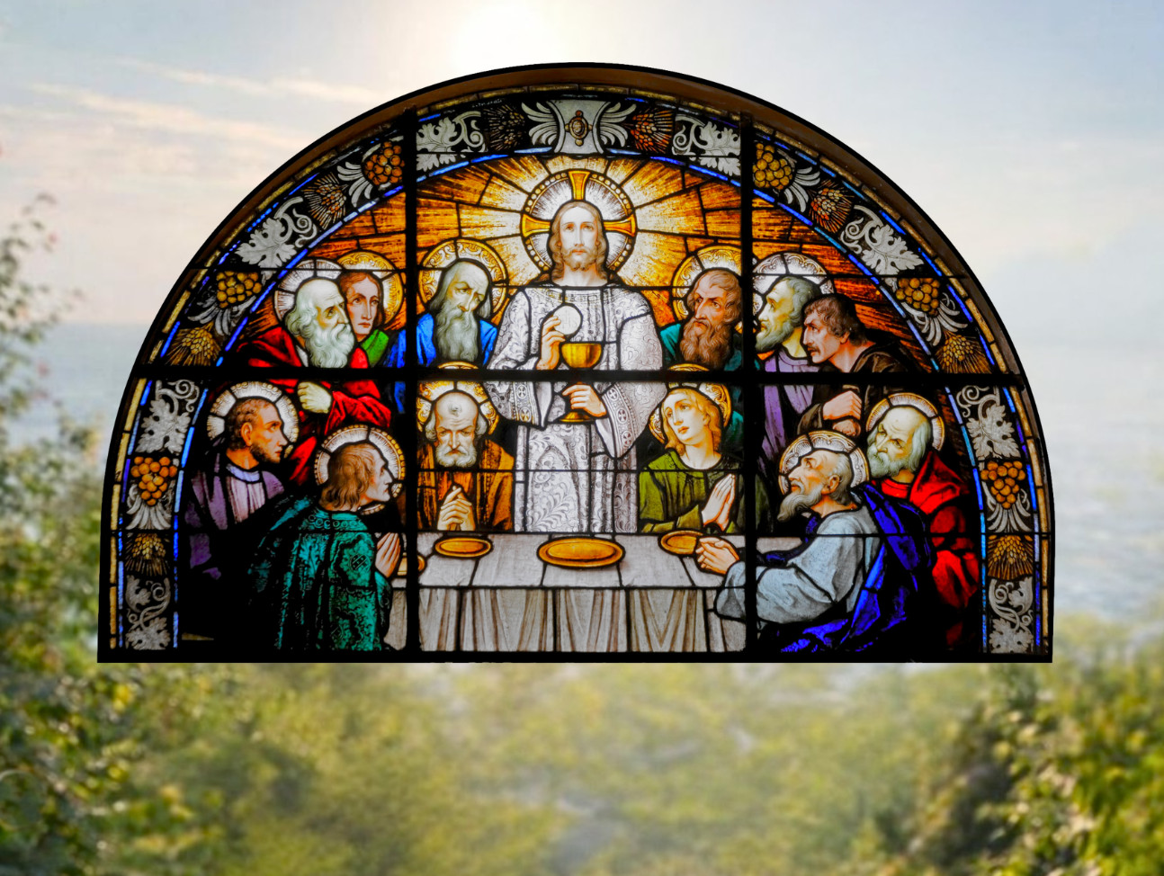 Jesus, The Last Supper Faux Stained-Glass WINDOW CLING Size 10.6" Vinyl Arch
