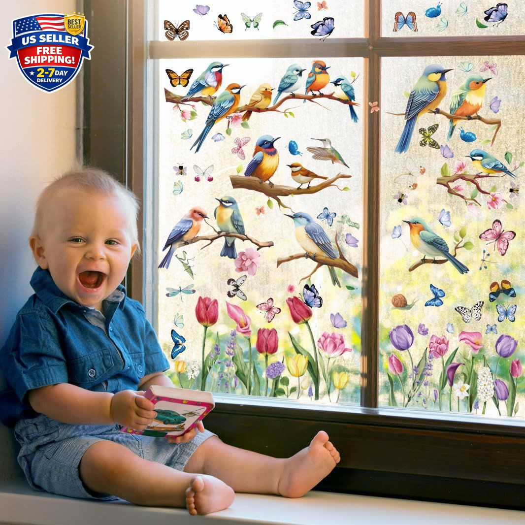 Spring Window Cling Sticker – 78PCS Tulip Butterfly Flower Hummingbirds Windo…