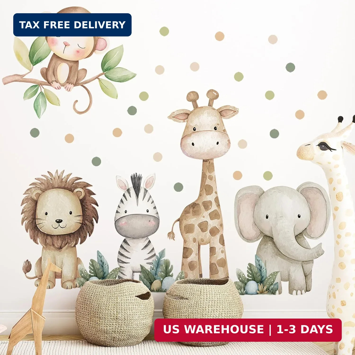 Safari Animals Nursery Wall Decal, Peel and Stick Nursery Mural Jungle Animals L