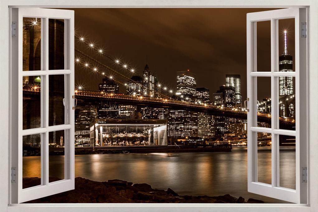 Brooklyn Bridge New York Night 3D Window View Decal WALL STICKER Decor Art H58