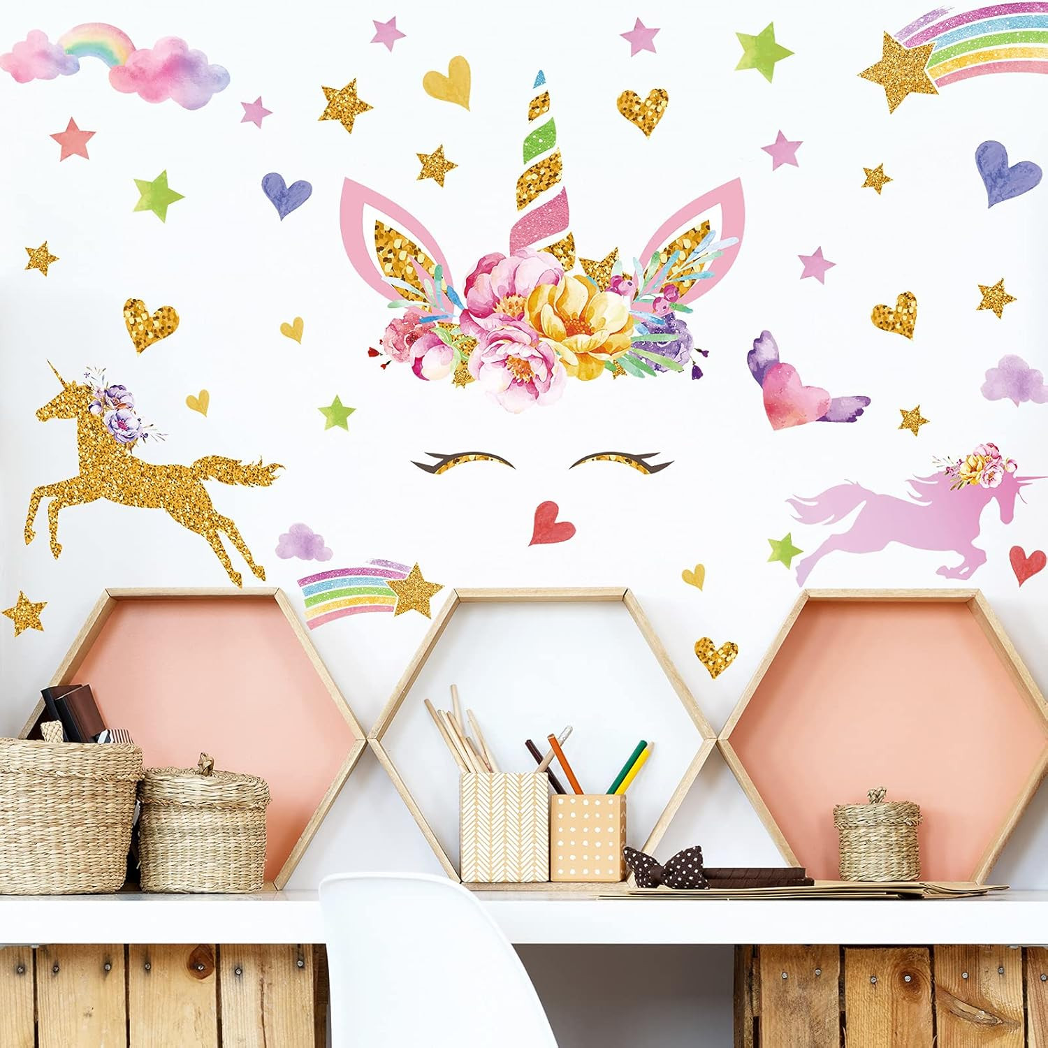 4 Sheets Unicorn Wall Decals Peel and Stick Watercolor Wall Stickers Heart Star