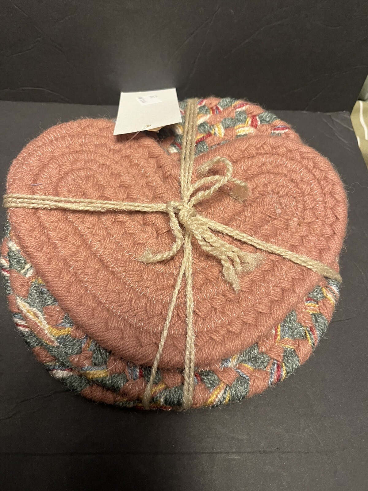Braided Jute Coasters – Lot Of 3 Mixed Lot Heart Circle Shaped *NEW*