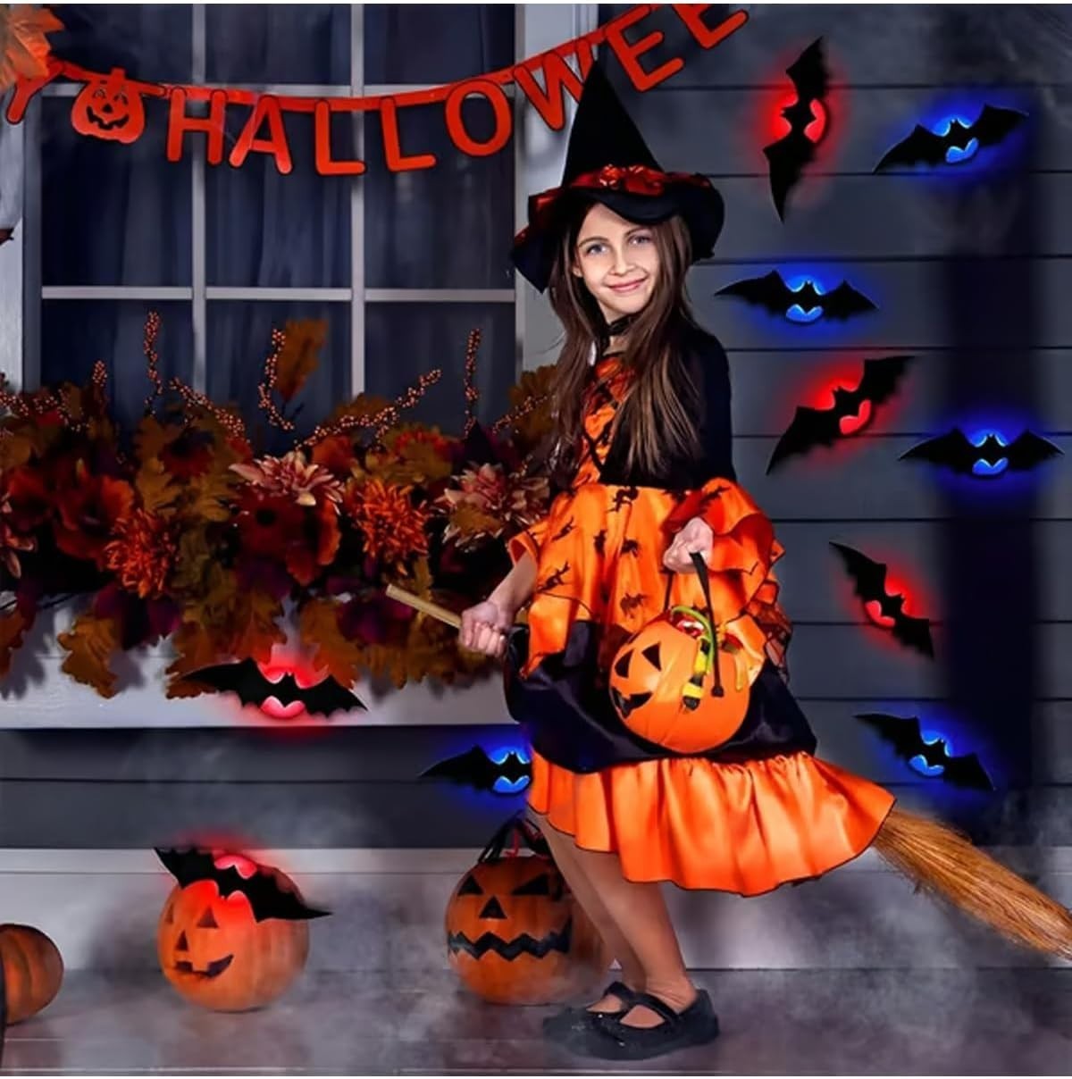 Halloween LED Bats Light Wall Decor RGB Stickers Glow in The Dark Party 3D Black
