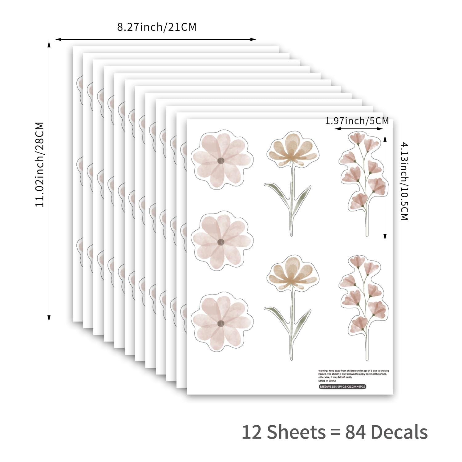 Boho Floral Wall Stickers | Dual Layer Print | 12 Sheets