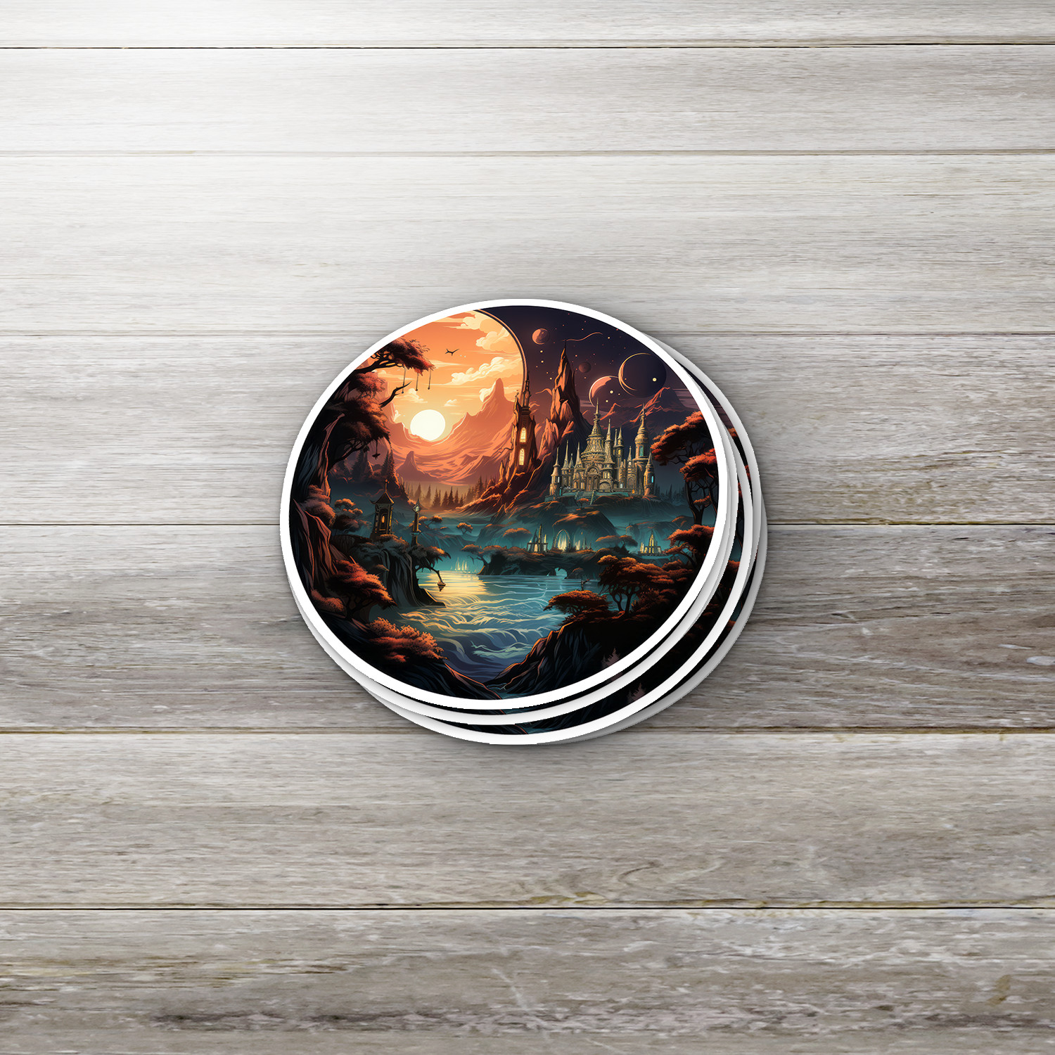 Steampunk Fantasy Landscape Sticker – Transport Yourself to a World of Adventure