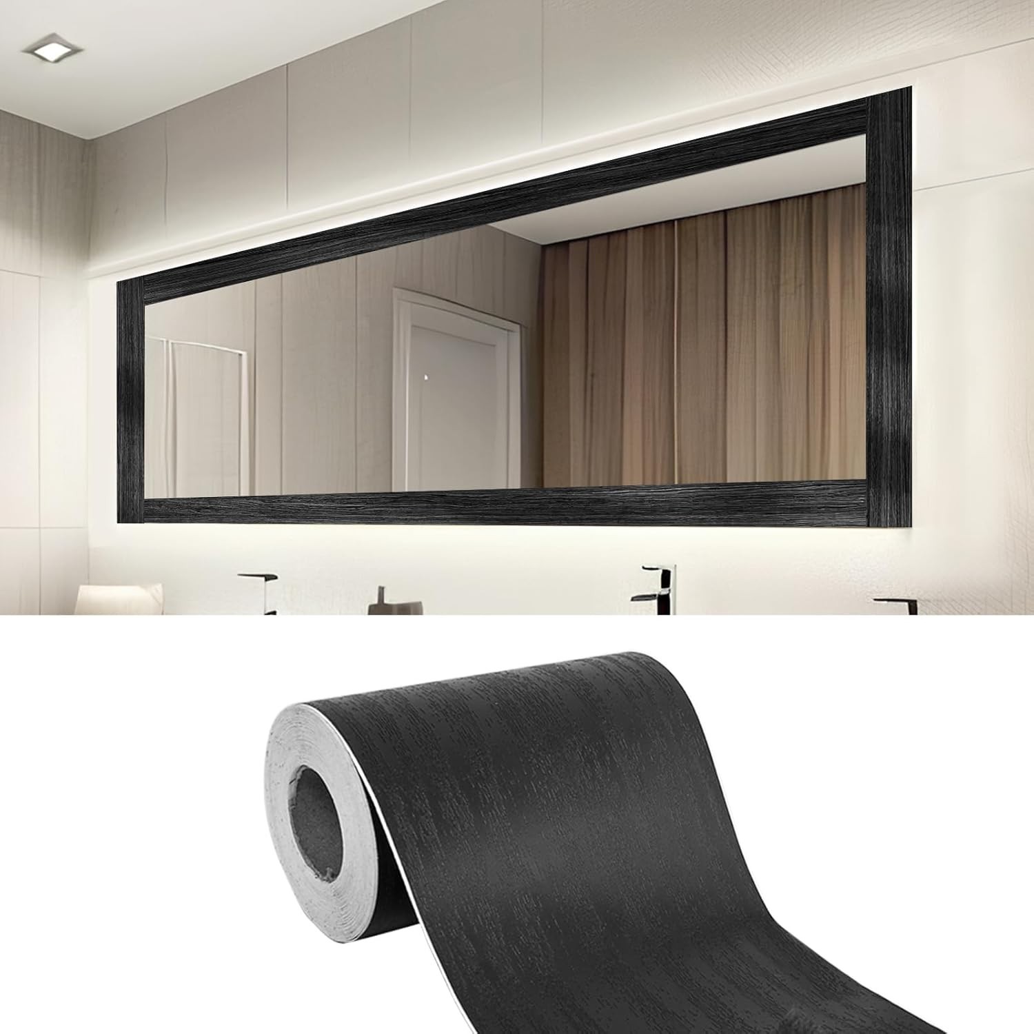 32ft x 4.2in Black Mirror Tape Border, Peel and Stick Mirror Border for Bathr…